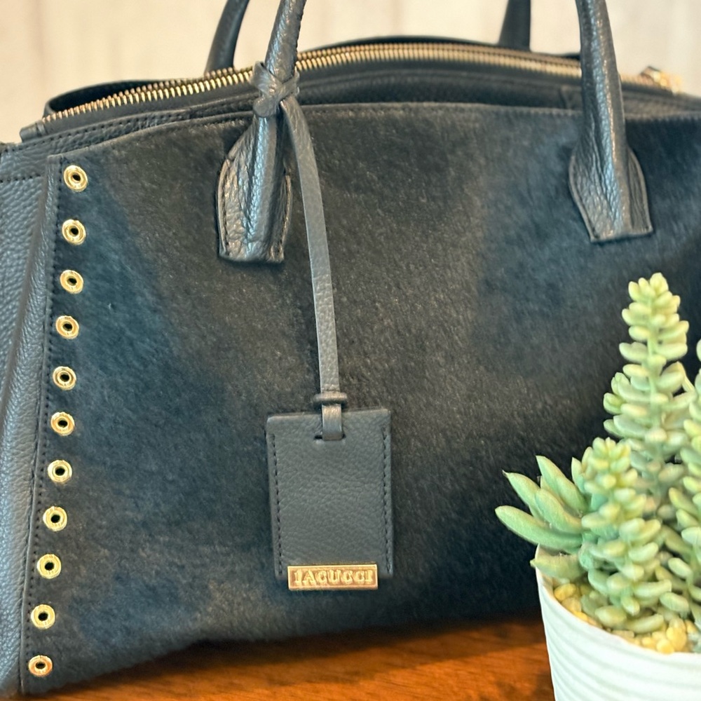 Chic Black cow hide Satchel with Gold Details